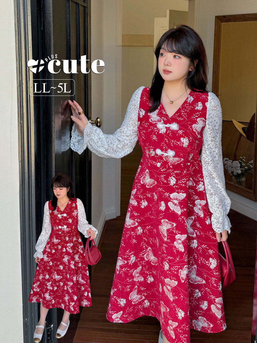 大きいサイズ レディース フェイクツーピースバタフライ刺繍レースワンピース LL 3L 4L 5L