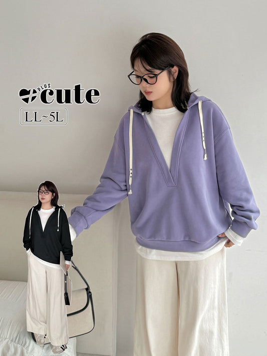 大きいサイズ レディース フード付き厚手フェイクツーピースカジュアルスウェットシャツ LL 3L 4L 5L