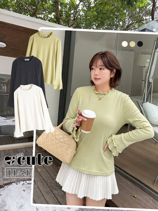 大きいサイズ レディース フリルネックスリムフィット長袖トップス LL 3L 4L 5L