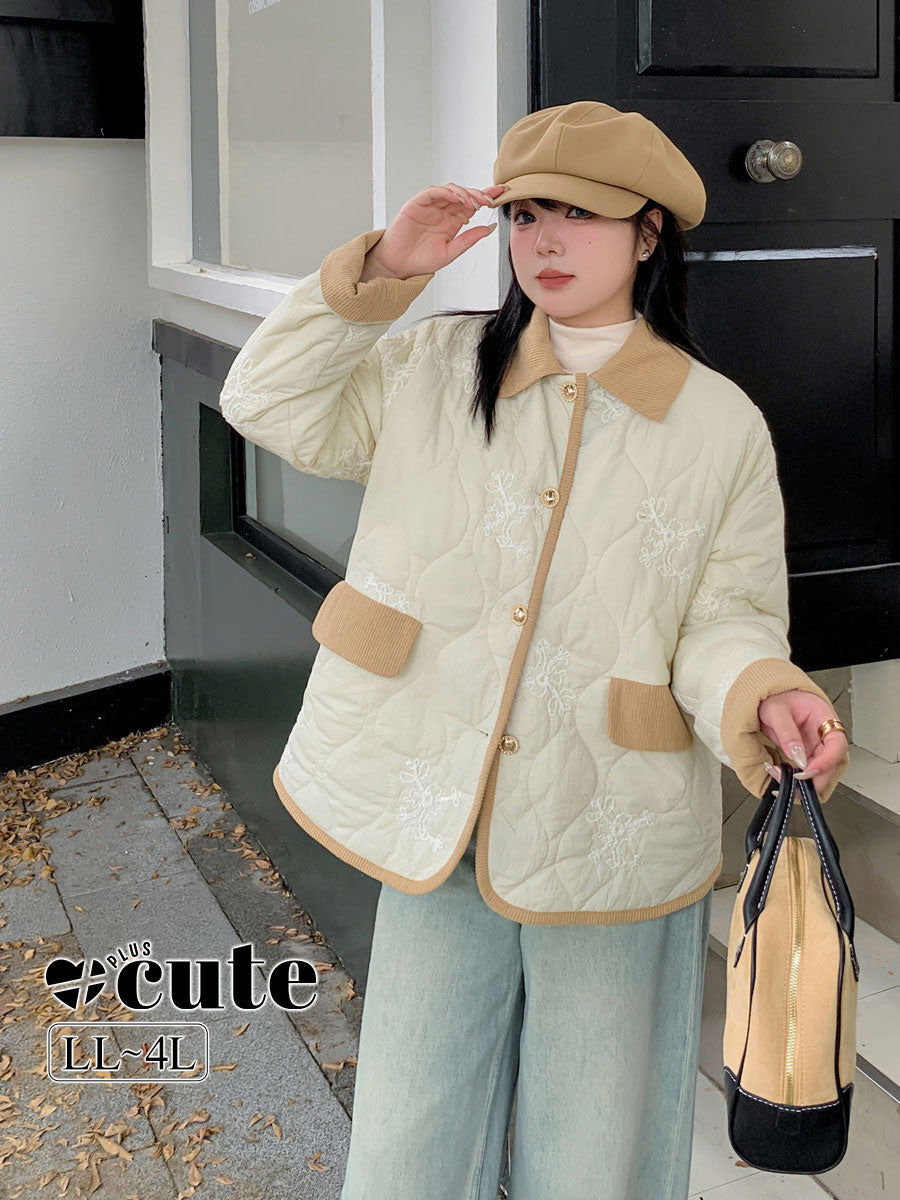 大きいサイズ レディース 刺繍入りキルティングコーデュロイジャケット LL 3L 4L