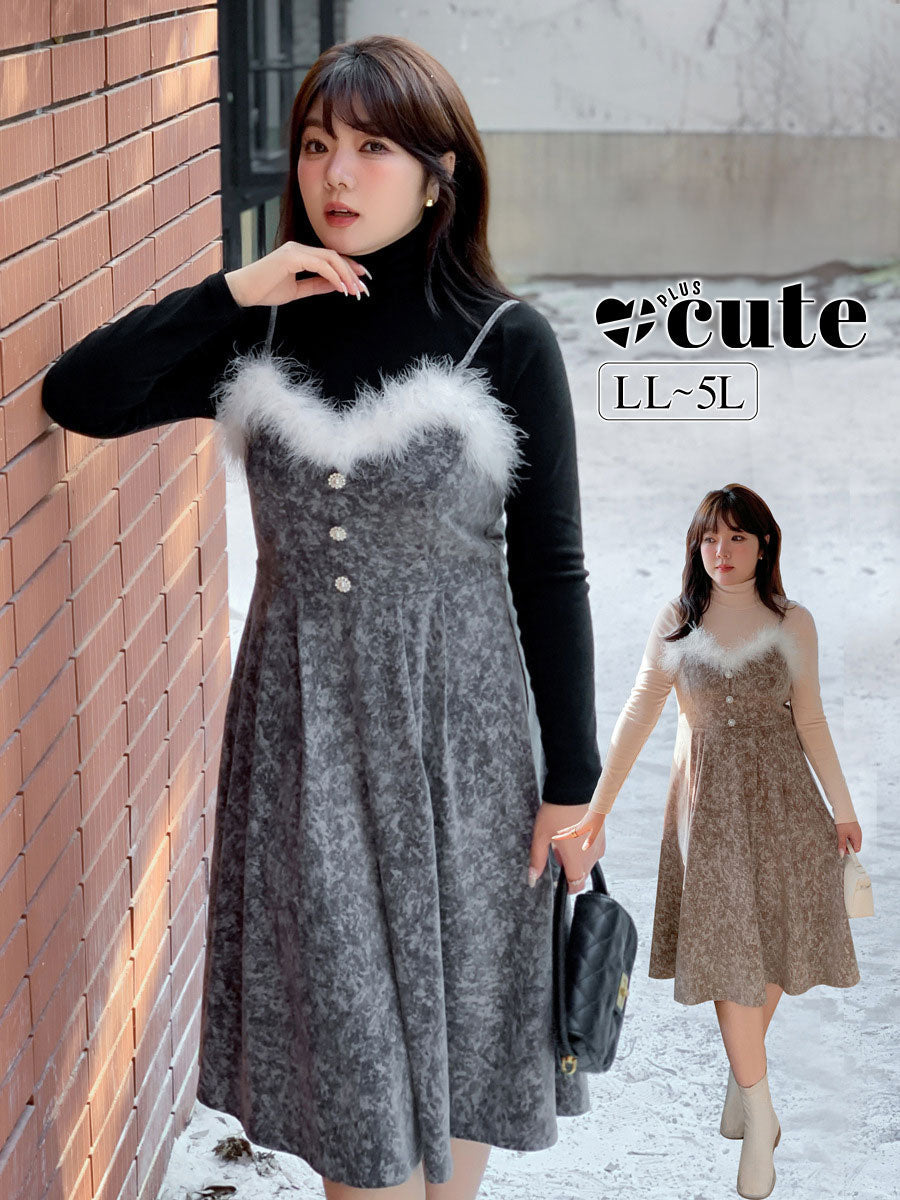 大きいサイズ レディース  ファーベルベットスリップワンピースヴィンテージプリント LL 3L 4L 5L