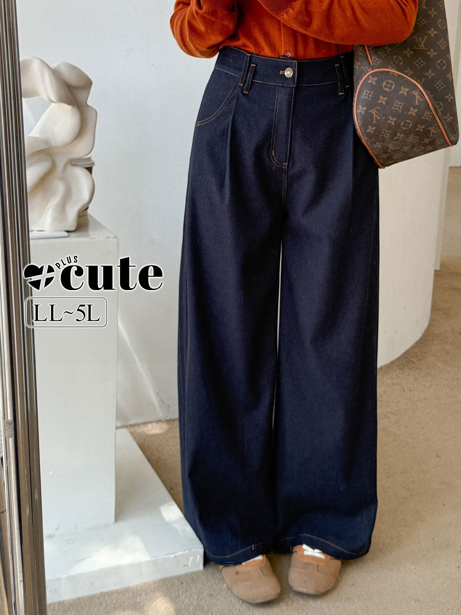 大きいサイズ レディース デニム風プリーツストレートワイドレッグパンツ LL 3L 4L 5L