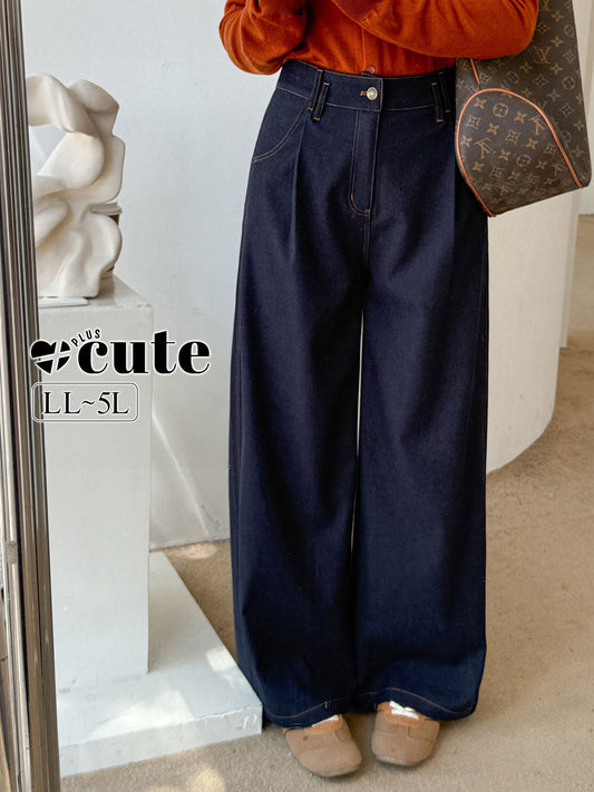 大きいサイズ レディース デニム風プリーツストレートワイドレッグパンツ LL 3L 4L 5L