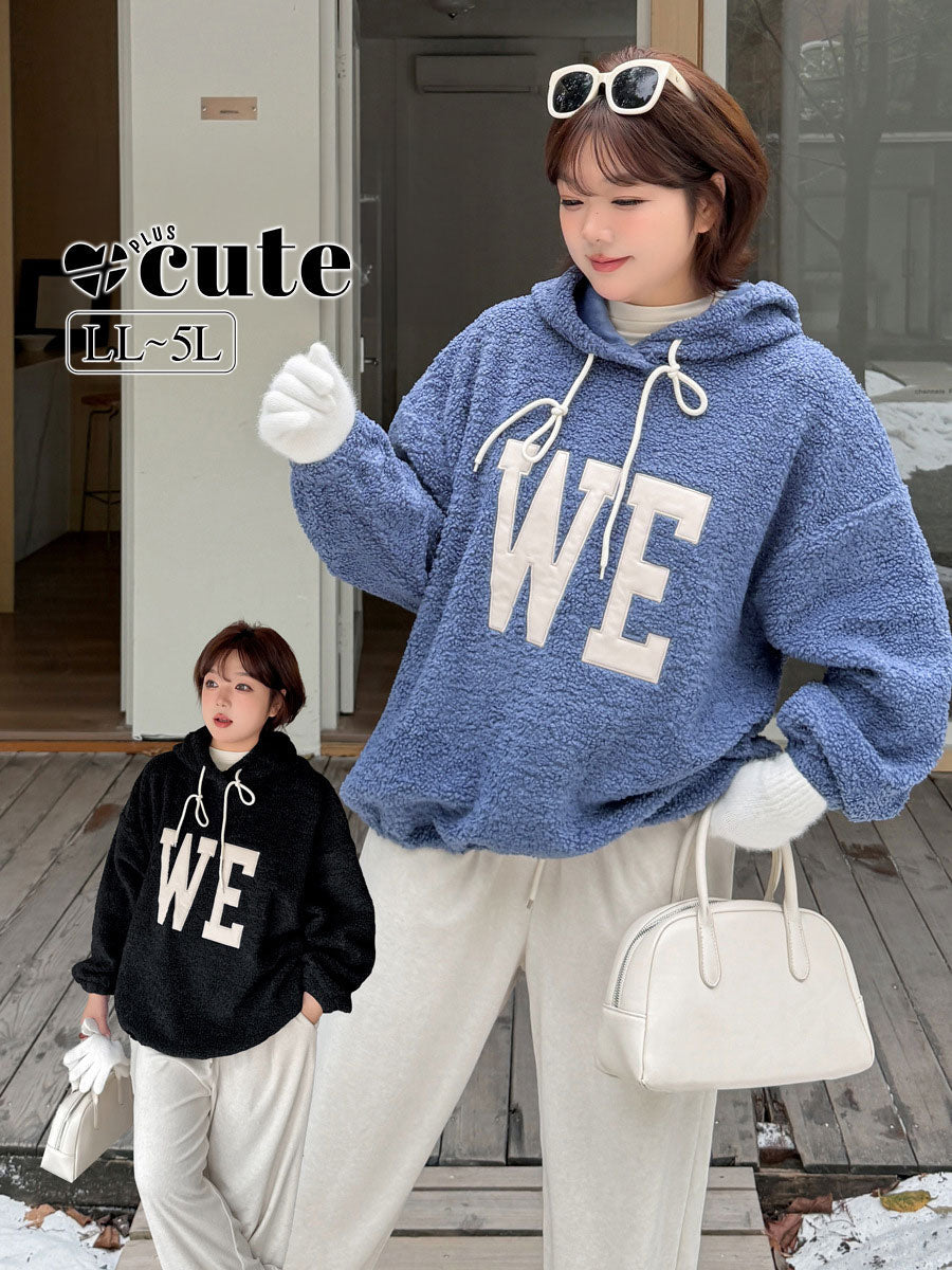大きいサイズ レディース 刺繍ロゴ付きプルオーバーふわふわフリースパーカー LL 3L 4L 5L