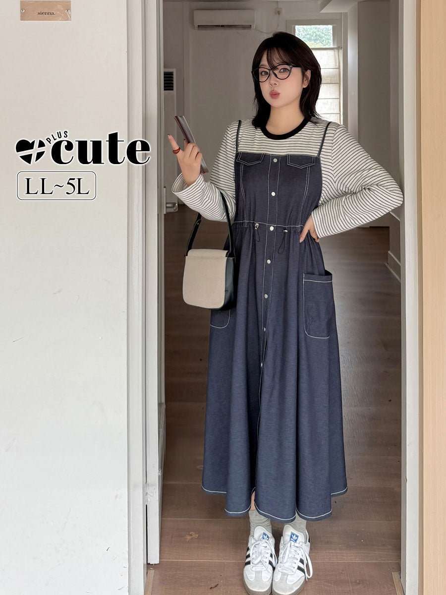 大きいサイズ レディース フェイクツーピースワンピース（ストライプシャツ＋デニムワンピース） LL 3L 4L 5L