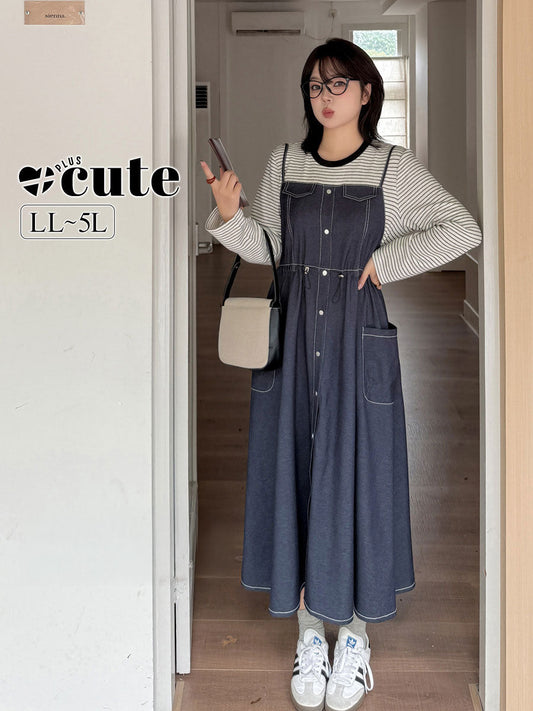 大きいサイズ レディース フェイクツーピースワンピース（ストライプシャツ＋デニムワンピース） LL 3L 4L 5L