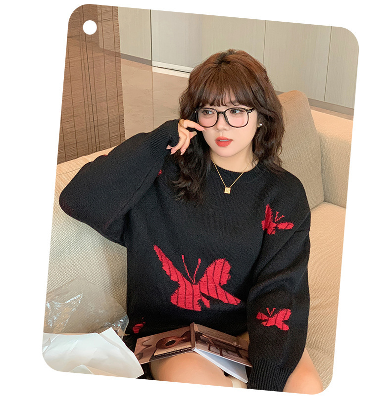 大きいサイズ レディース バタフライ柄コントラストカラーセーター LL 3L 4L