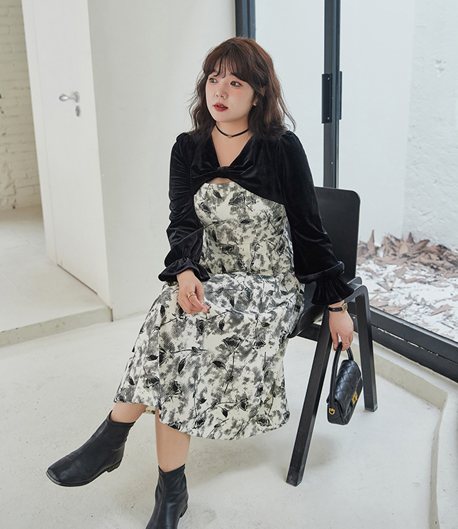 大きいサイズ レディース エレガントベルベットリボンプリントワンピース LL 3L 4L 5L