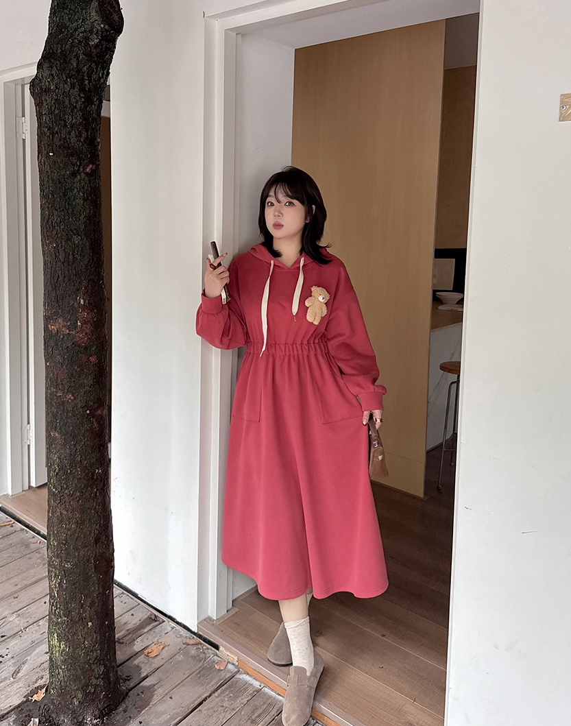 大きいサイズ レディース フード付きベアーマスコット厚手スウェットワンピース LL 3L 4L 5L