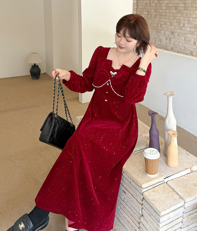 大きいサイズ レディース スクエアネックリボンビーズスパンコールベルベットワンピース LL 3L 4L 5L