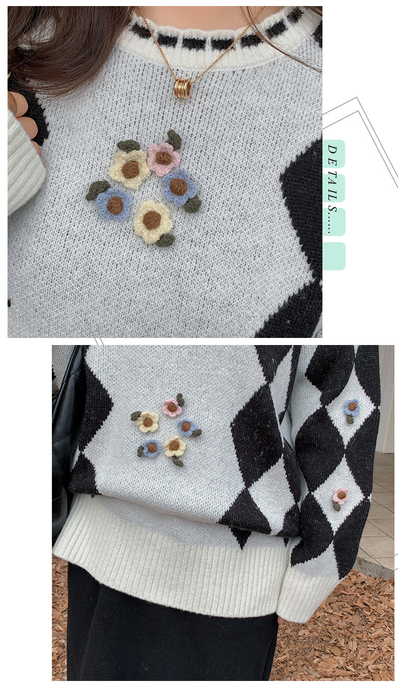 大きいサイズ レディース ラウンドネックレトロ小花ダイヤ柄プルオーバーセーター LL 3L 4L