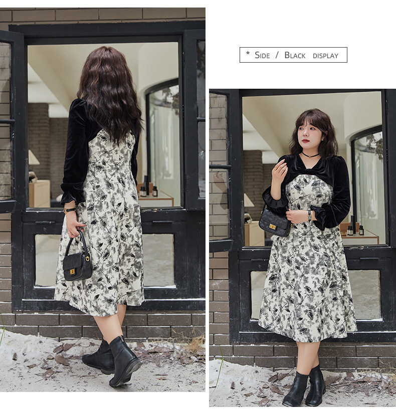 大きいサイズ レディース エレガントベルベットリボンプリントワンピース LL 3L 4L 5L