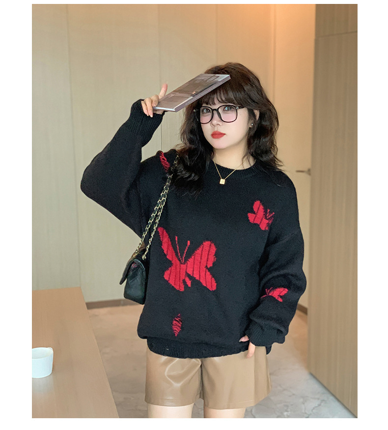 大きいサイズ レディース バタフライ柄コントラストカラーセーター LL 3L 4L
