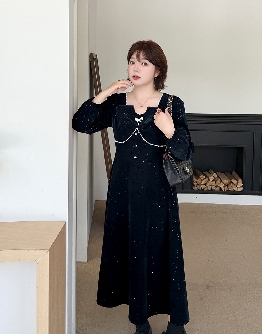 大きいサイズ レディース スクエアネックリボンビーズスパンコールベルベットワンピース LL 3L 4L 5L