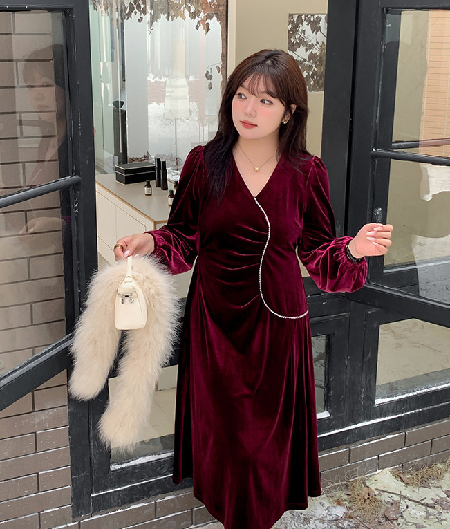 大きいサイズ レディース Vネックラインストーン装飾エレガントベルベットワンピース LL 3L 4L 5L