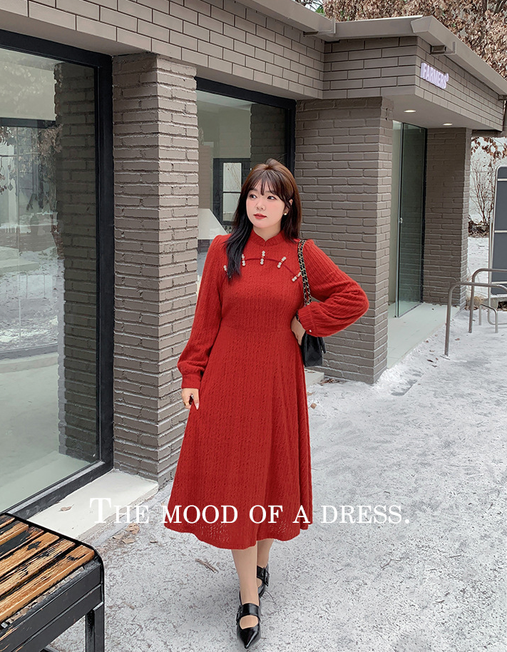 大きいサイズ レディース チャイナ風レトロ花柄ビーズボタンレースワンピース LL 3L 4L 5L