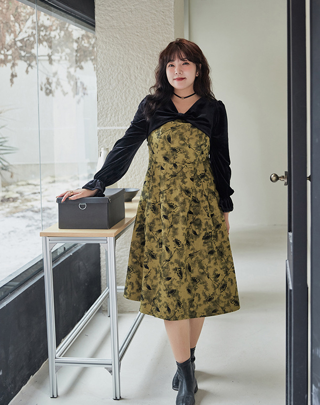 大きいサイズ レディース エレガントベルベットリボンプリントワンピース LL 3L 4L 5L