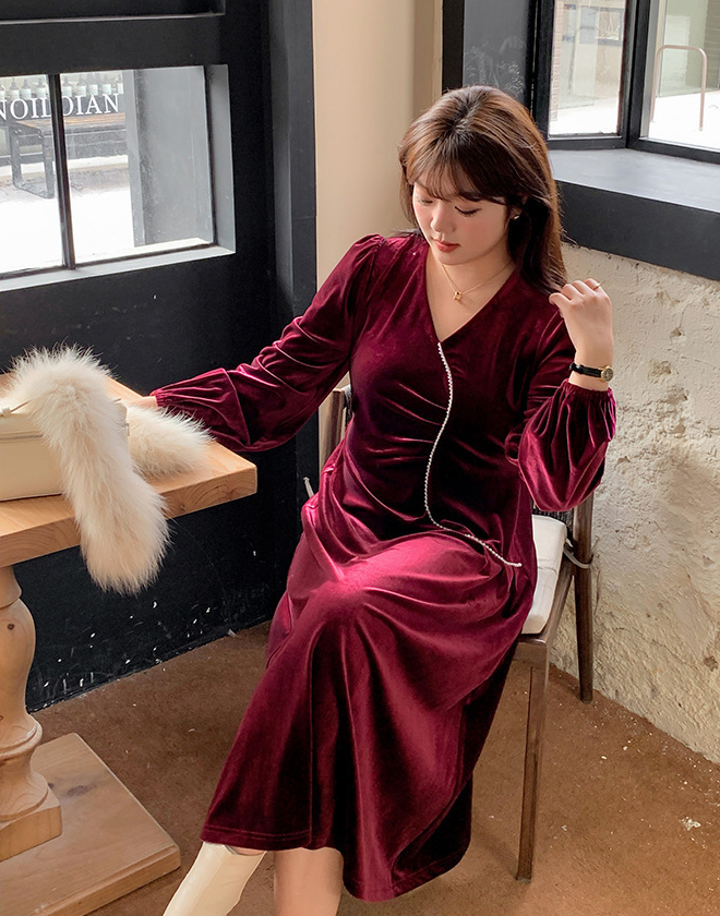 大きいサイズ レディース Vネックラインストーン装飾エレガントベルベットワンピース LL 3L 4L 5L