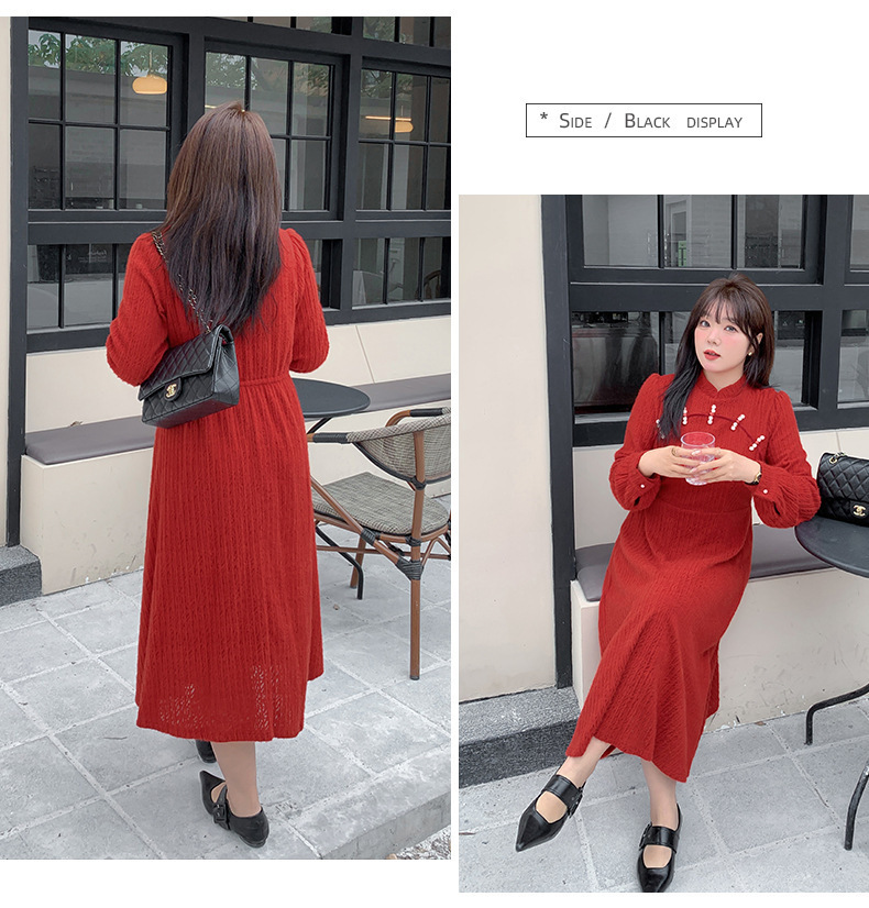 大きいサイズ レディース チャイナ風レトロ花柄ビーズボタンレースワンピース LL 3L 4L 5L