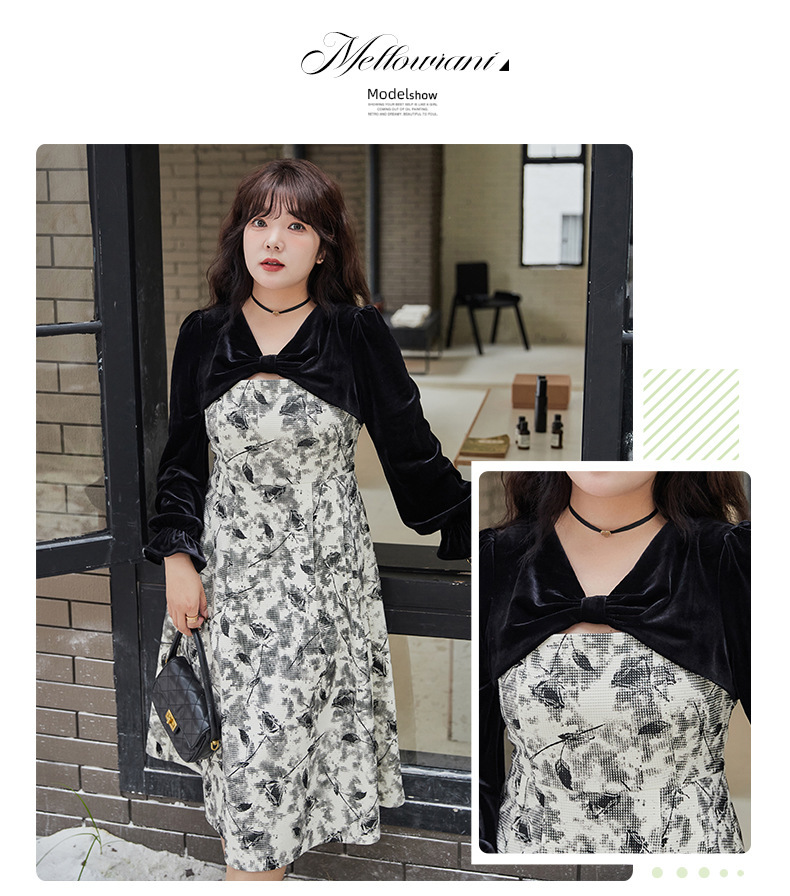 大きいサイズ レディース エレガントベルベットリボンプリントワンピース LL 3L 4L 5L