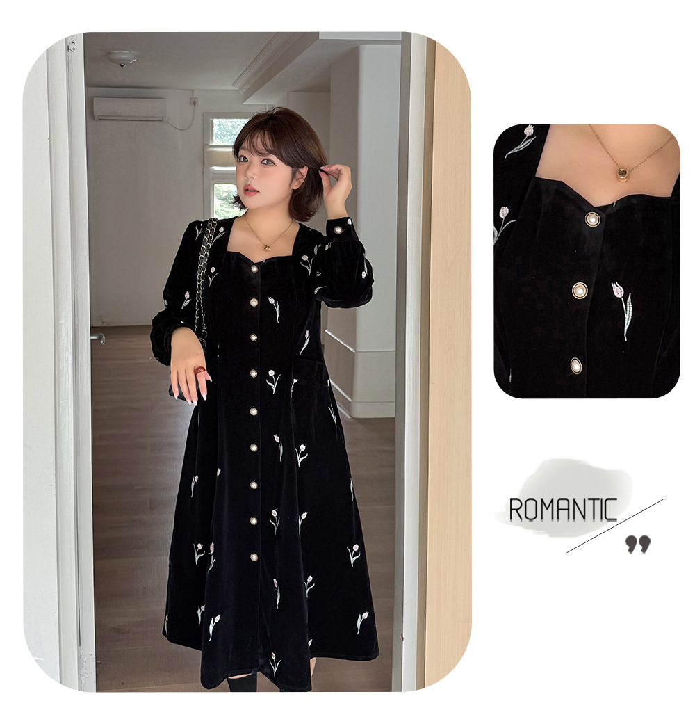 大きいサイズ レディース フレンチスクエアネックチューリップ刺繍ベルベットワンピース LL 3L 4L 5L