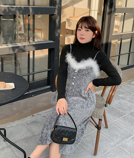 大きいサイズ レディース  ファーベルベットスリップワンピースヴィンテージプリント LL 3L 4L 5L