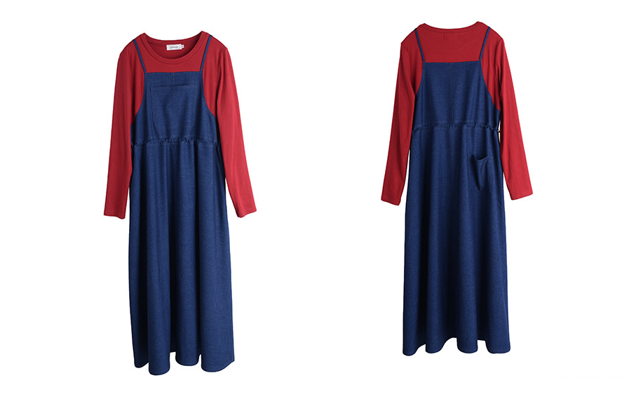 大きいサイズ レディース  フェイクツーピースワンピース（ニットインナー+デニムジャンパースカート） LL 3L 4L 5L