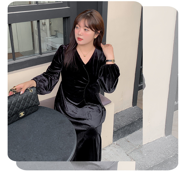 大きいサイズ レディース Vネックラインストーン装飾エレガントベルベットワンピース LL 3L 4L 5L