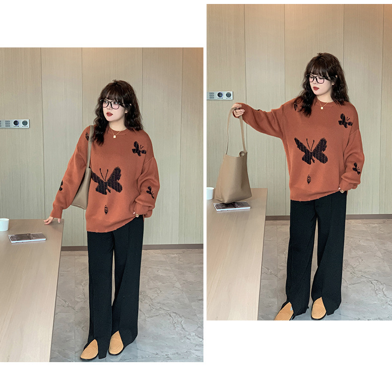 大きいサイズ レディース バタフライ柄コントラストカラーセーター LL 3L 4L