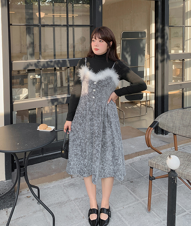 大きいサイズ レディース  ファーベルベットスリップワンピースヴィンテージプリント LL 3L 4L 5L