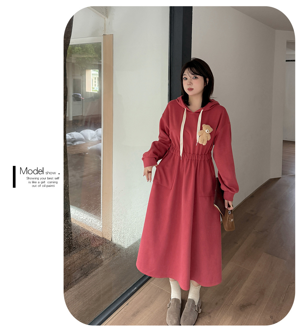 大きいサイズ レディース フード付きベアーマスコット厚手スウェットワンピース LL 3L 4L 5L