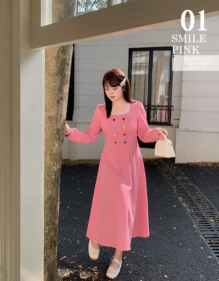 大きいサイズ レディース キャンディーカラーハートボタン付きスクエアネックフレンチワンピース LL 3L 4L 5L