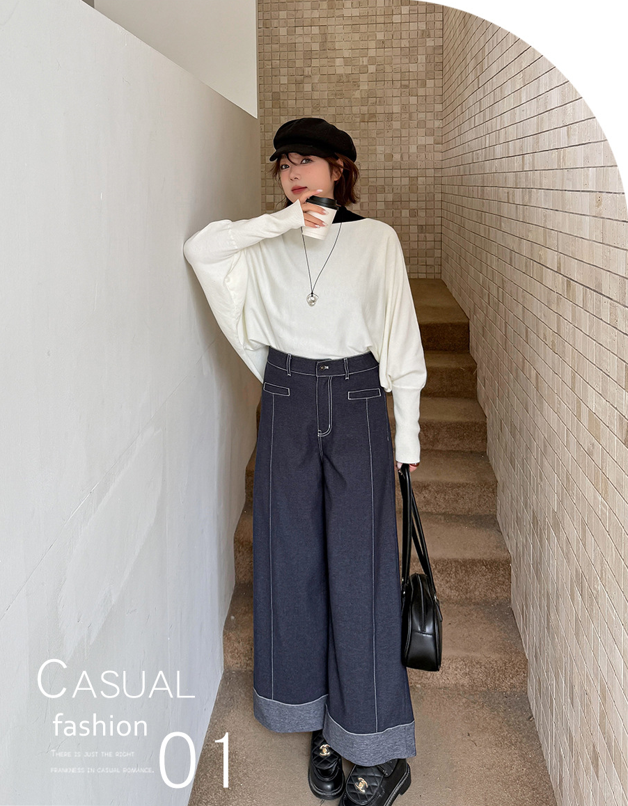 大きいサイズ レディース フェイクデニム折り返しワイドレッグパンツ LL 3L 4L 5L