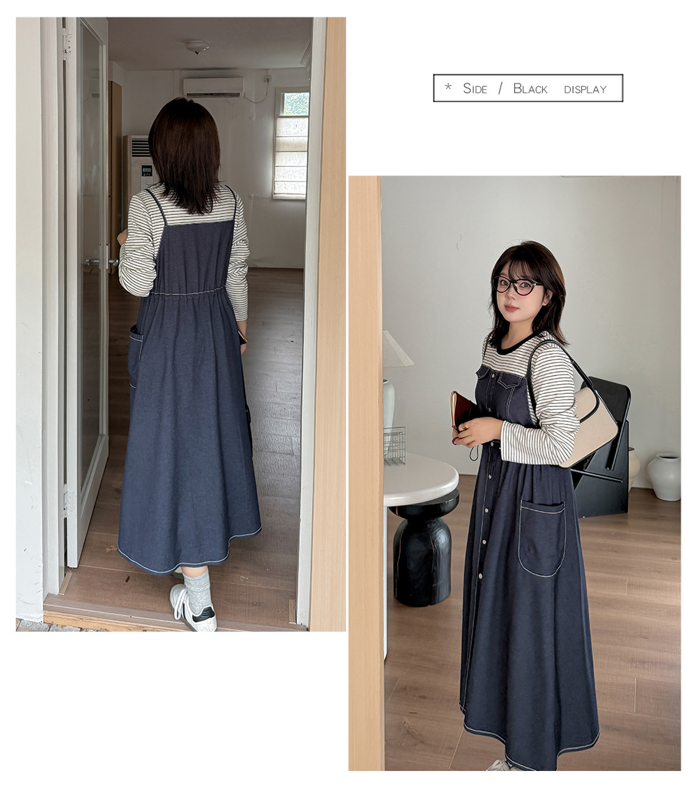 大きいサイズ レディース フェイクツーピースワンピース（ストライプシャツ＋デニムワンピース） LL 3L 4L 5L