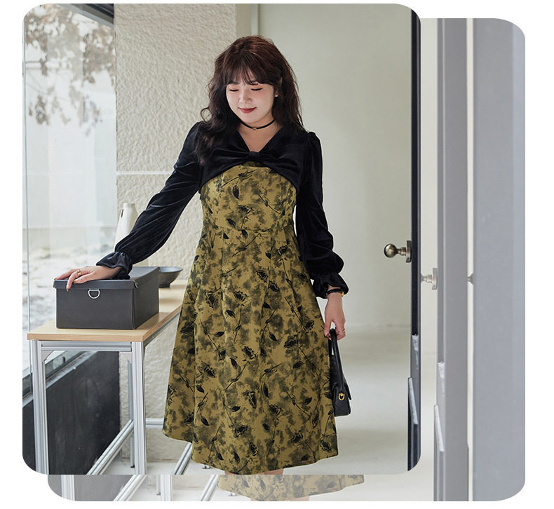 大きいサイズ レディース エレガントベルベットリボンプリントワンピース LL 3L 4L 5L