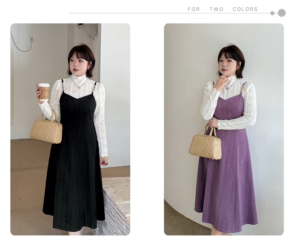 大きいサイズ レディース ツーピースセット（レーストップス+スリップワンピース） LL 3L 4L 5L