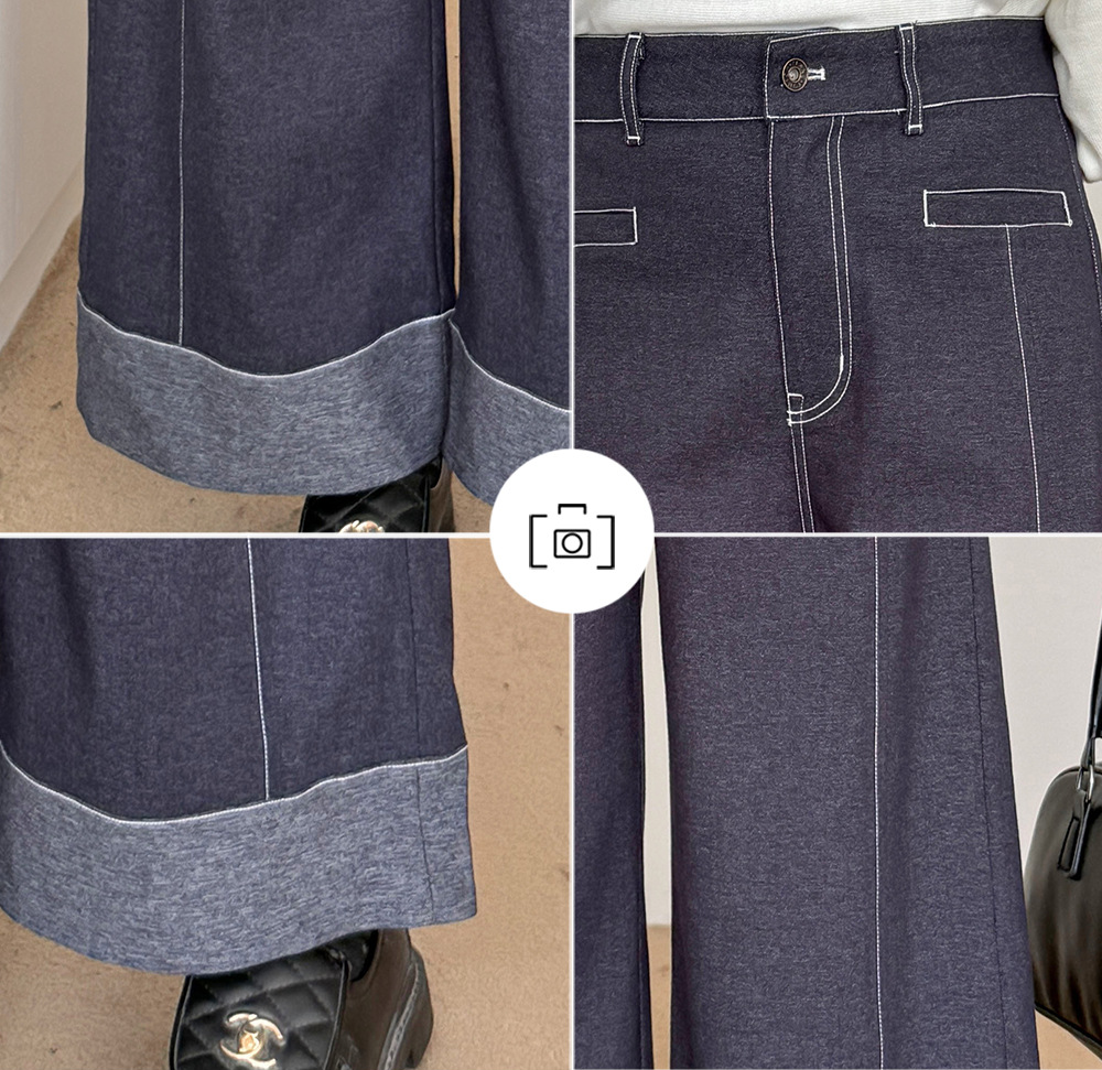 大きいサイズ レディース フェイクデニム折り返しワイドレッグパンツ LL 3L 4L 5L