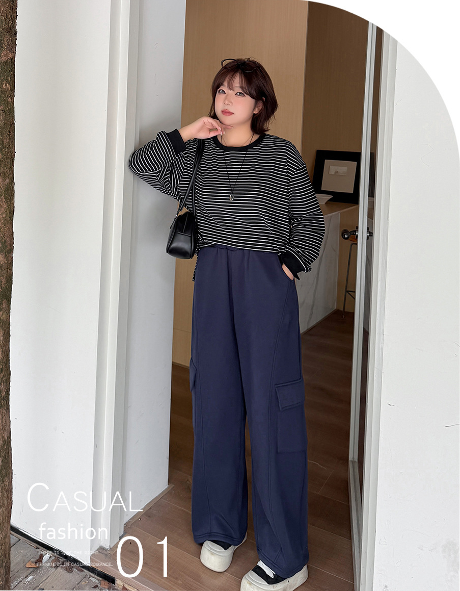 大きいサイズ レディース ラウンドネックカジュアルボーダーフリースシャツ LL 3L 4L 5L