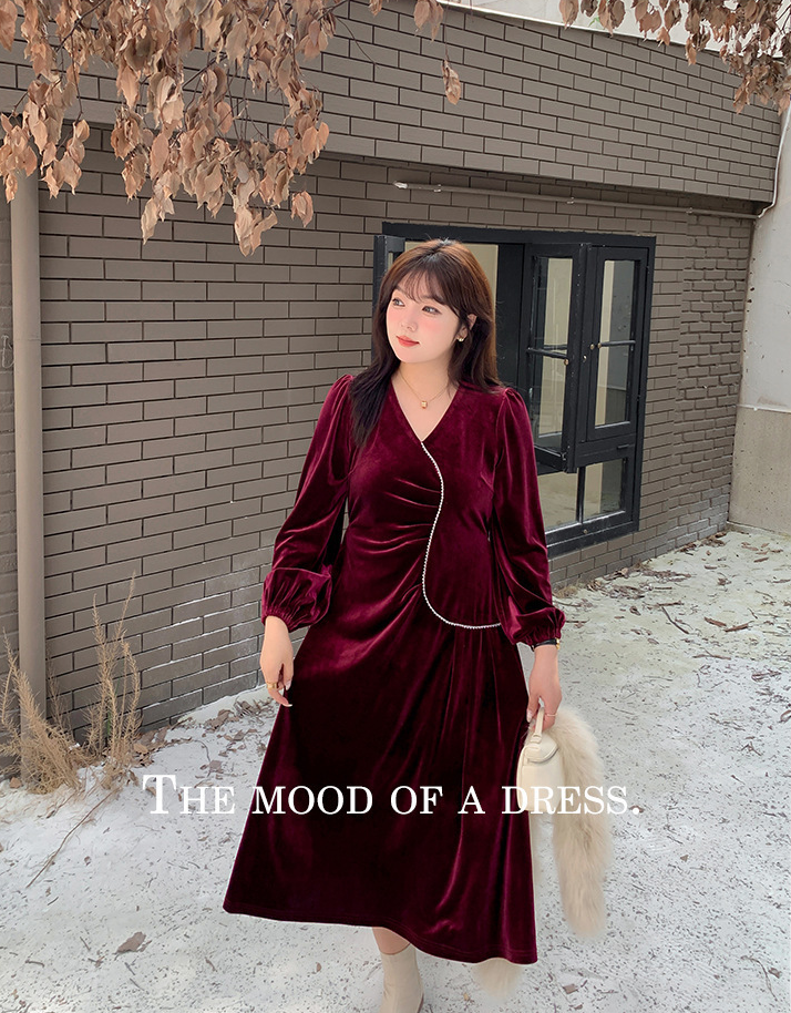 大きいサイズ レディース Vネックラインストーン装飾エレガントベルベットワンピース LL 3L 4L 5L