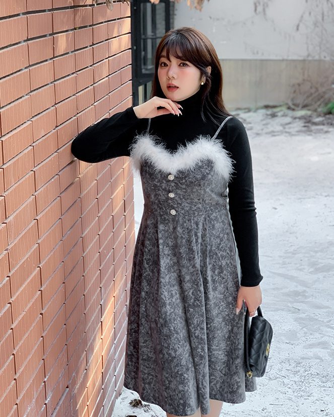 大きいサイズ レディース  ファーベルベットスリップワンピースヴィンテージプリント LL 3L 4L 5L