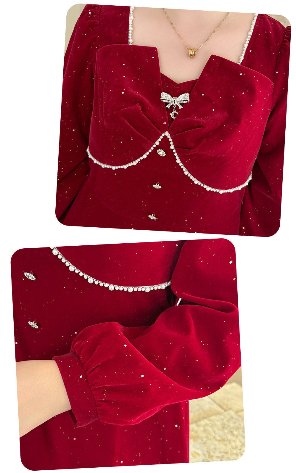 大きいサイズ レディース スクエアネックリボンビーズスパンコールベルベットワンピース LL 3L 4L 5L