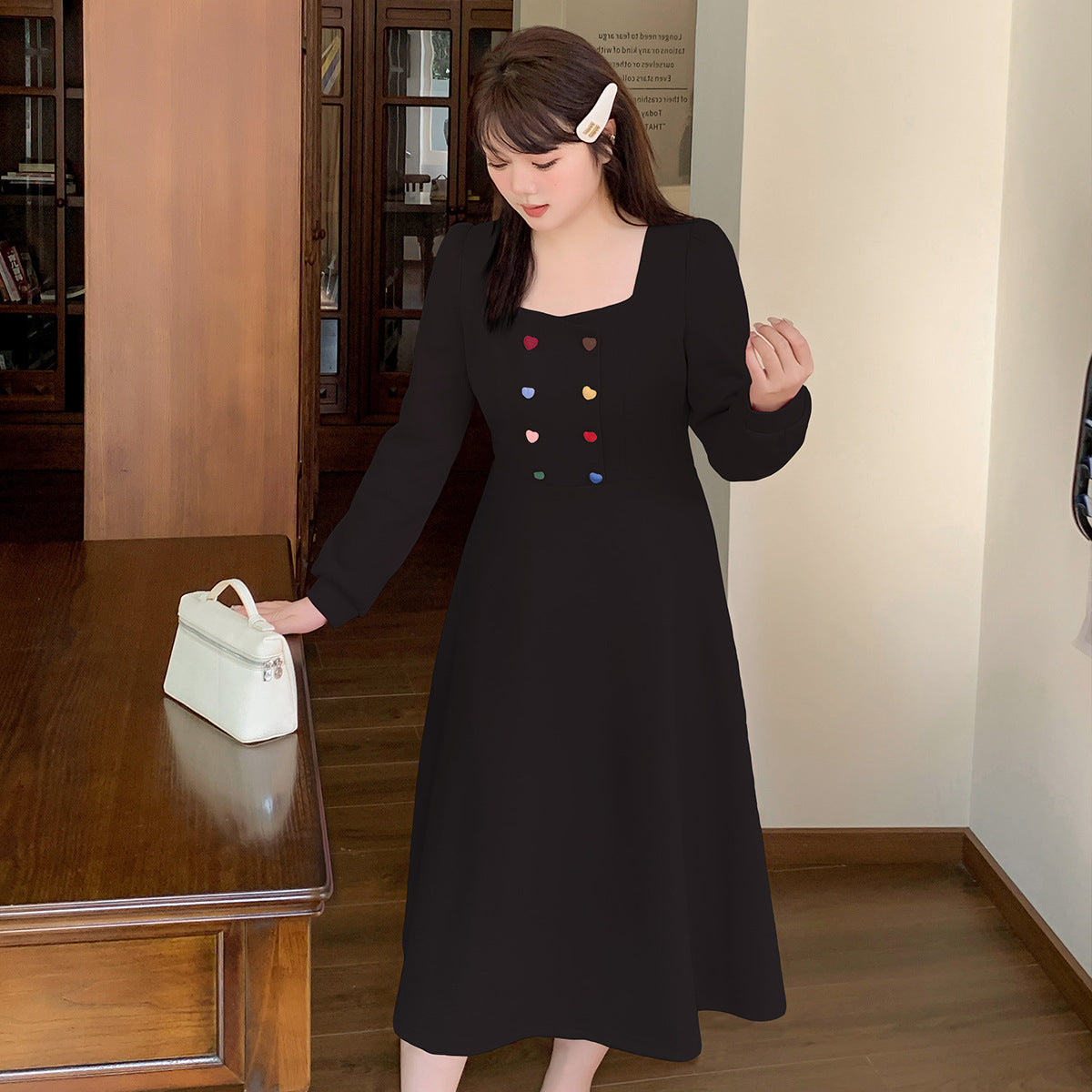 大きいサイズ レディース キャンディーカラーハートボタン付きスクエアネックフレンチワンピース LL 3L 4L 5L