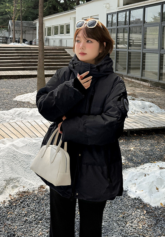 大きいサイズ レディース フード付きロゴ刺繍ワッペンミドル丈ダックダウンジャケット LL 3L