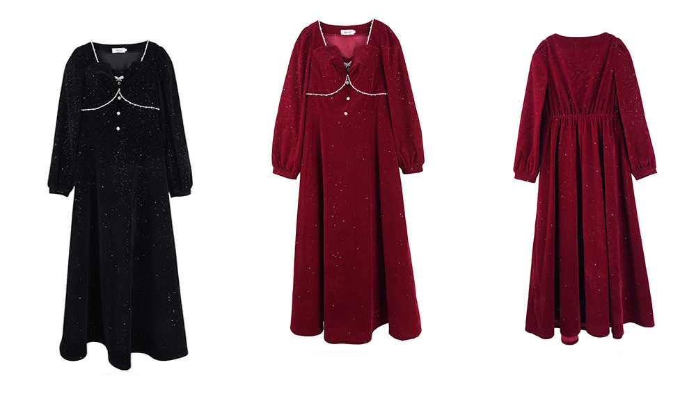 大きいサイズ レディース スクエアネックリボンビーズスパンコールベルベットワンピース LL 3L 4L 5L