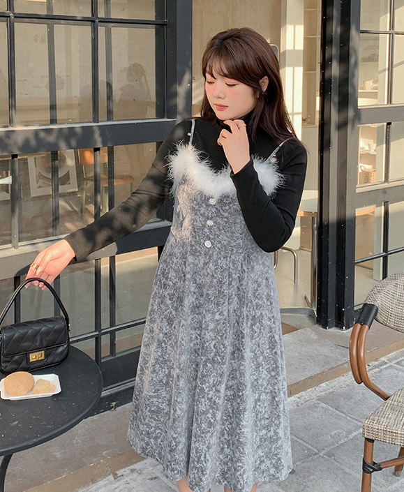 大きいサイズ レディース  ファーベルベットスリップワンピースヴィンテージプリント LL 3L 4L 5L