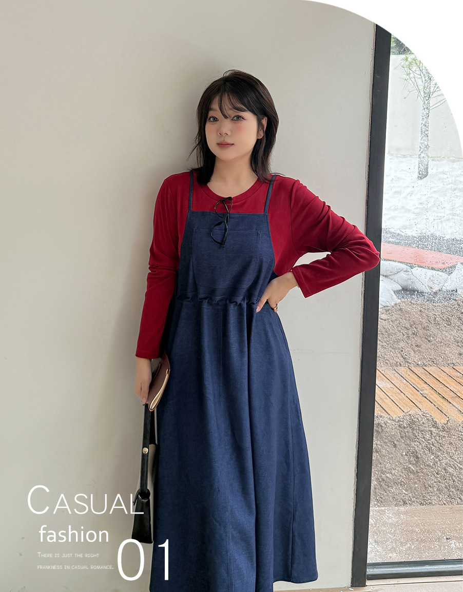 大きいサイズ レディース  フェイクツーピースワンピース（ニットインナー+デニムジャンパースカート） LL 3L 4L 5L