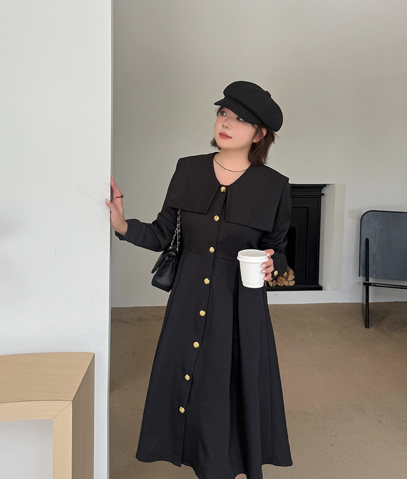 大きいサイズ レディース ビックラペルボタンダウンブラックワンピース（ベルト別売） LL 3L 4L 5L