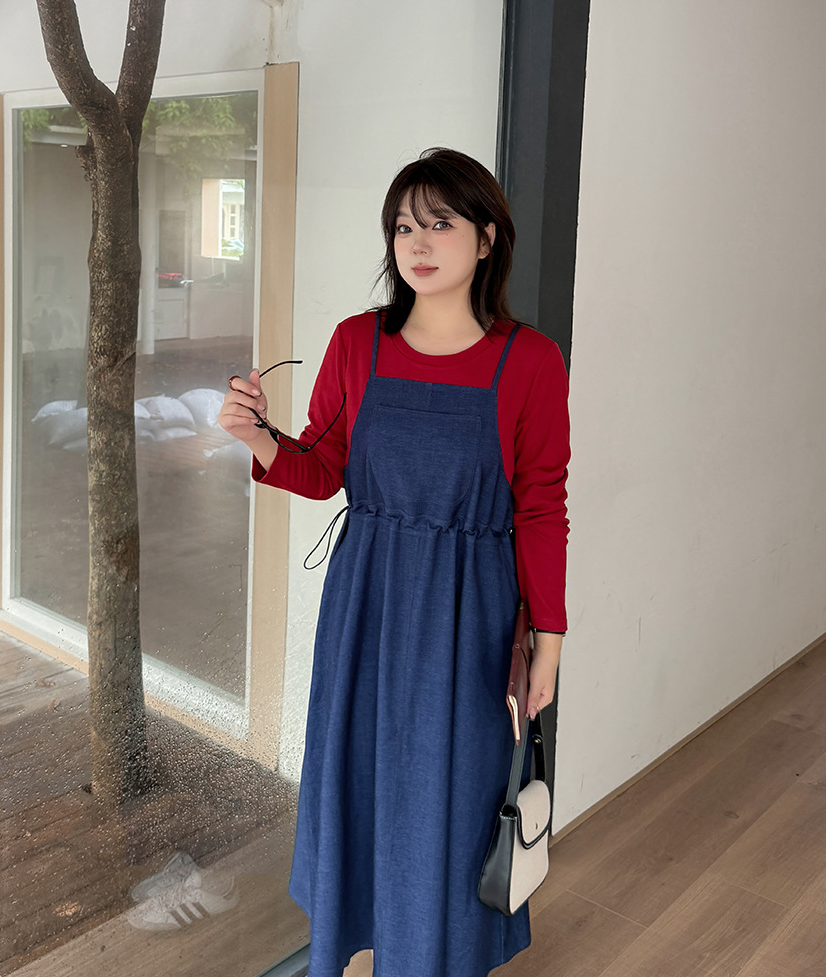 大きいサイズ レディース  フェイクツーピースワンピース（ニットインナー+デニムジャンパースカート） LL 3L 4L 5L