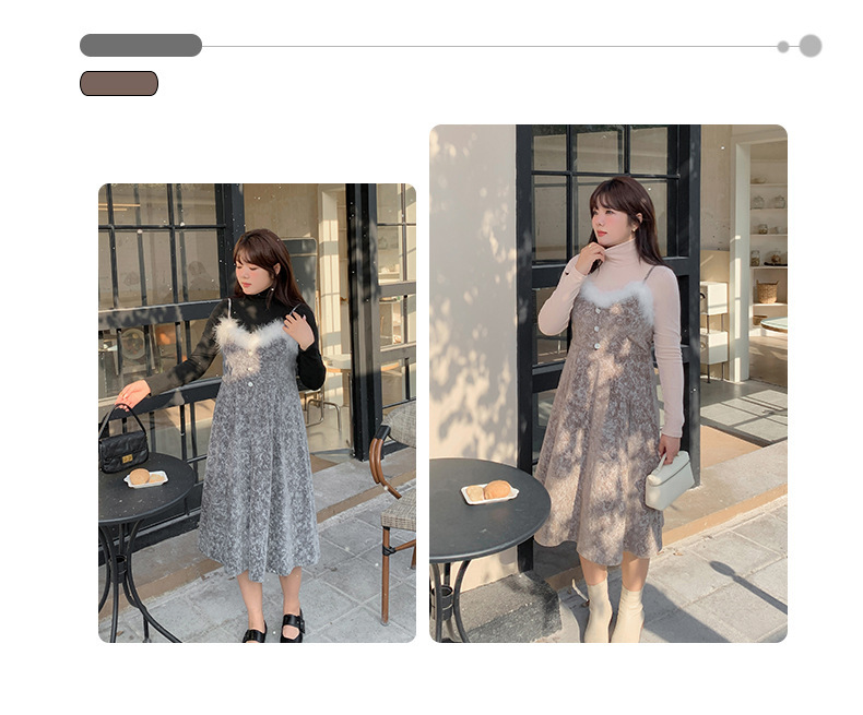 大きいサイズ レディース  ファーベルベットスリップワンピースヴィンテージプリント LL 3L 4L 5L