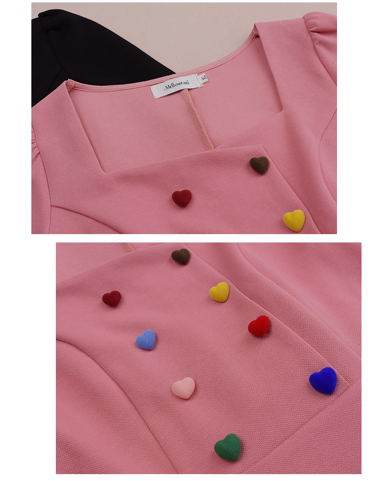 大きいサイズ レディース キャンディーカラーハートボタン付きスクエアネックフレンチワンピース LL 3L 4L 5L